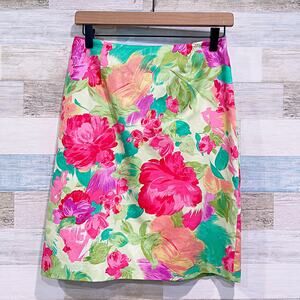 Talbots Bright Floral Pencil Skirt Green Pink Cotton Vintage Career Womens 6